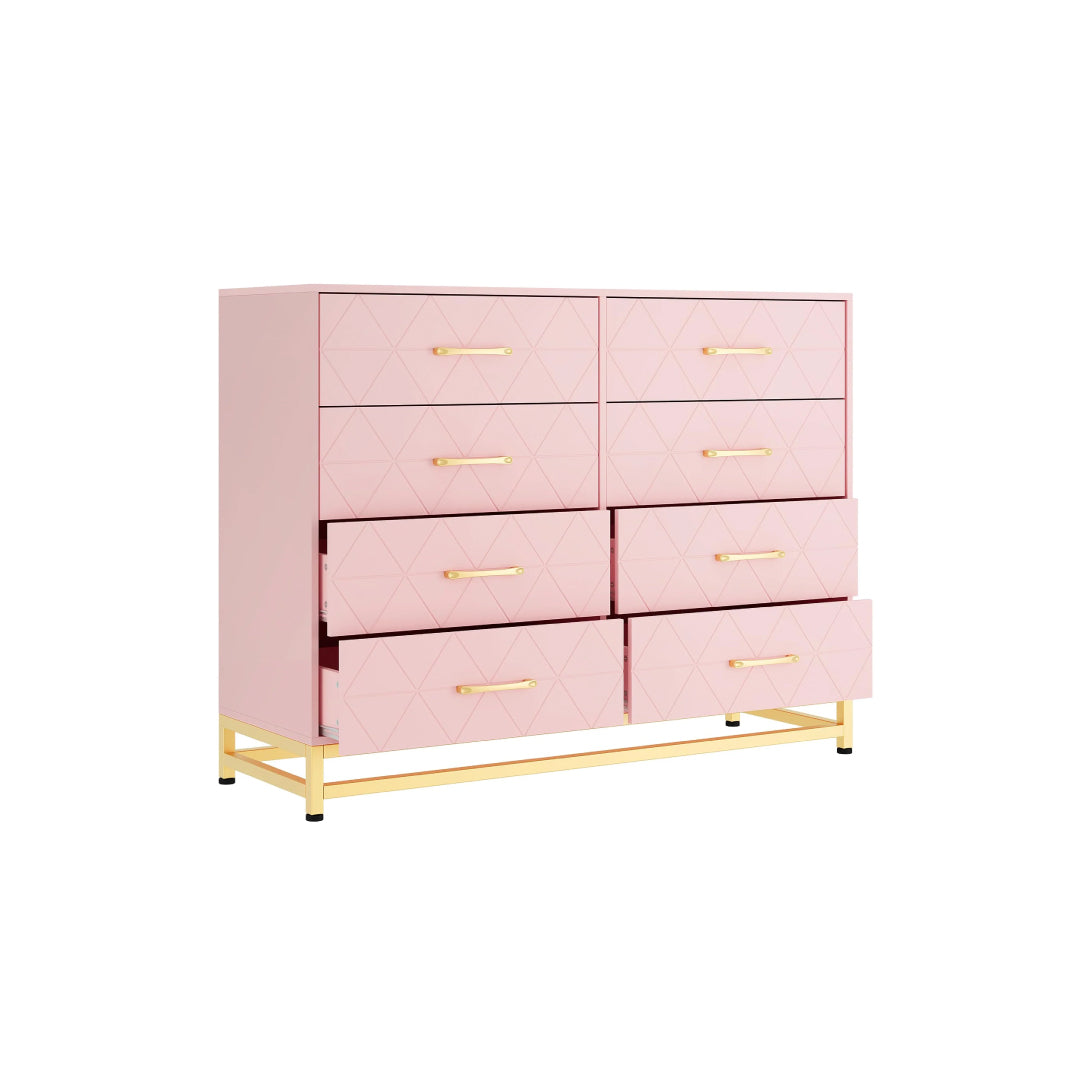 Modern pink dresser with 8 drawers, gold metal frame and handles, stylish bedroom storage cabinet with geometric front design